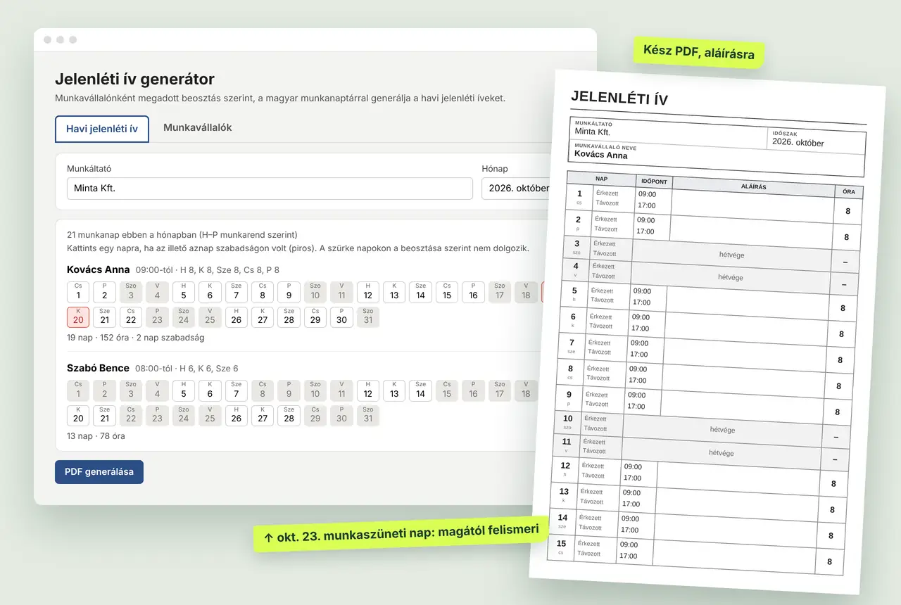 A jelenléti ív generátor felülete és a kész PDF, mintaadatokkal