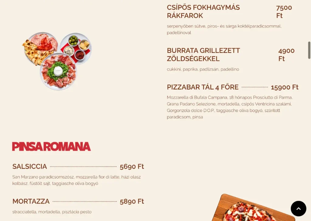 A Pizzabar Pomo d'Oro étlapja mobilon
