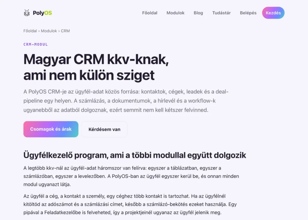 A PolyOS CRM-moduljának bemutató oldala