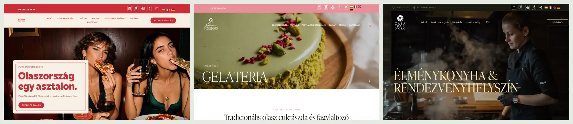 A Pomo d'Oro pizzabar, cukrászda és élménykonyha weboldala egymás mellett