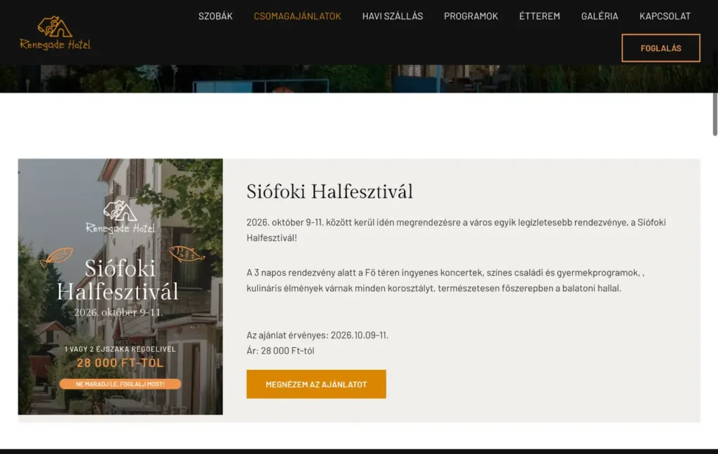 Szezonális csomagajánlatok saját oldallal.