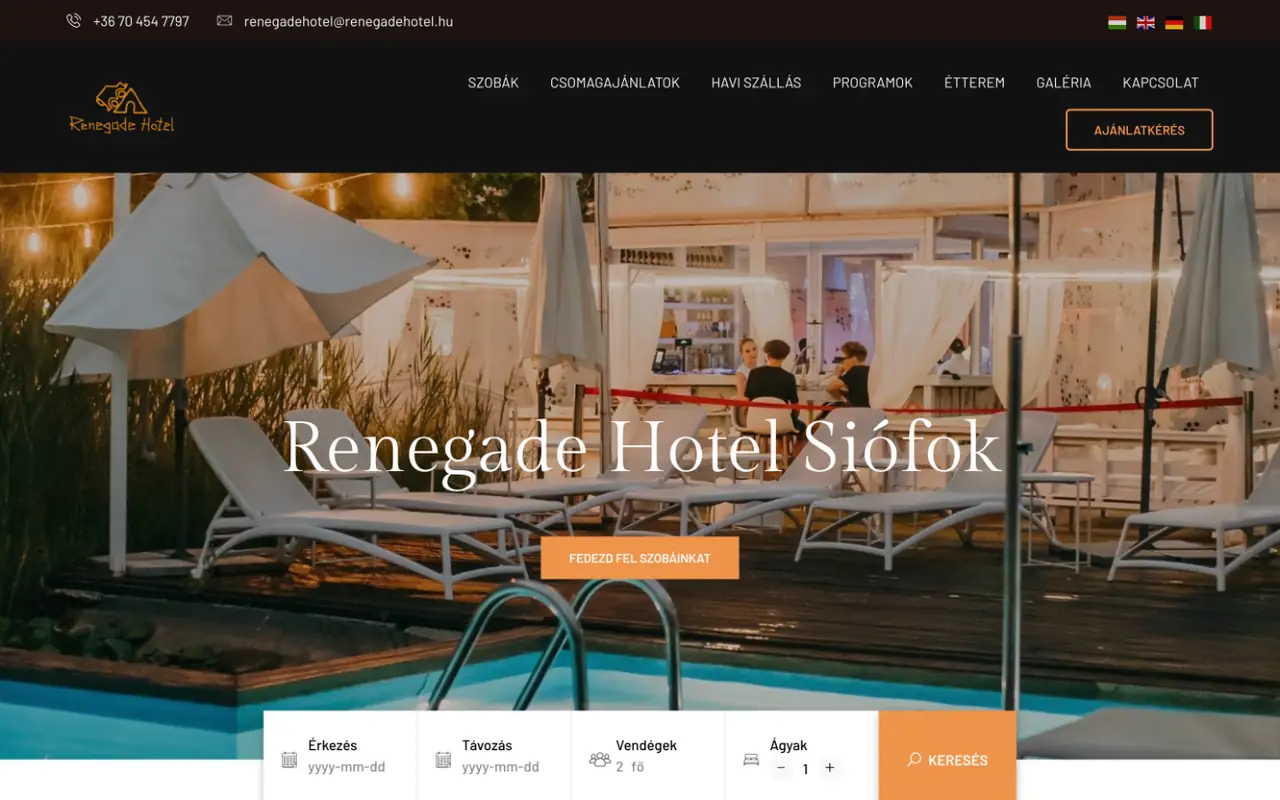 Renegade Hotel Siófok főoldala asztali nézetben