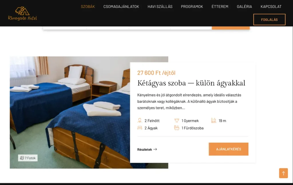 Szobák árral, adatokkal és közvetlen ajánlatkéréssel.