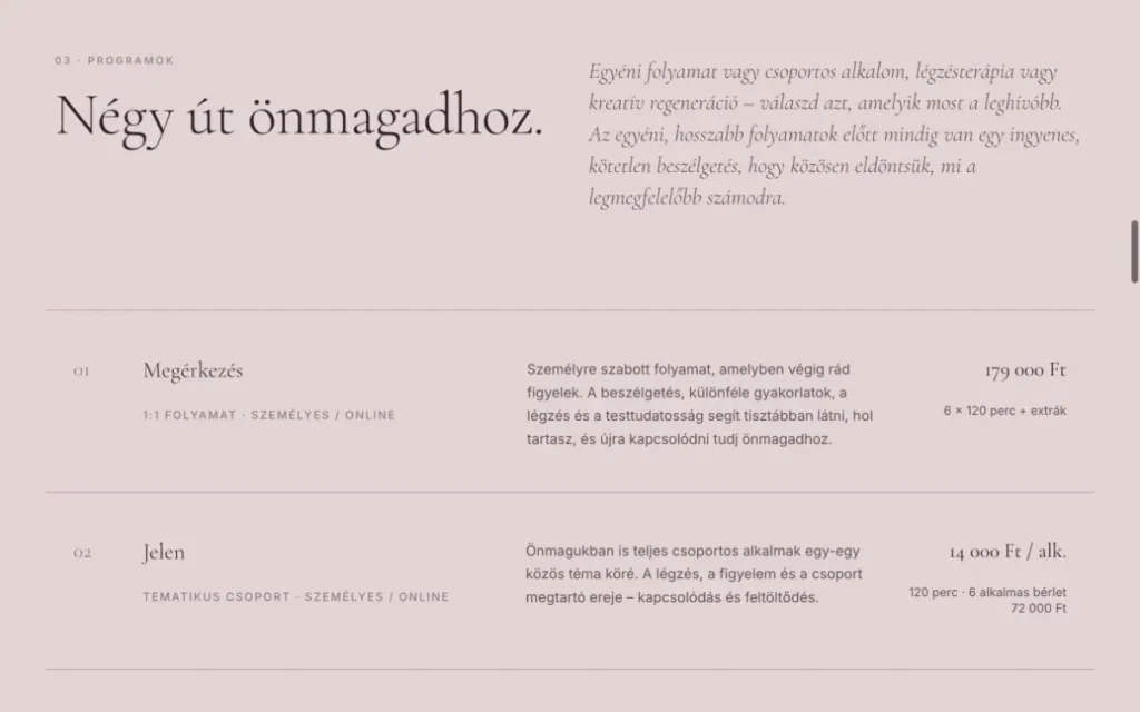 A négy alkalomtípus egy áttekinthető listában, árakkal.