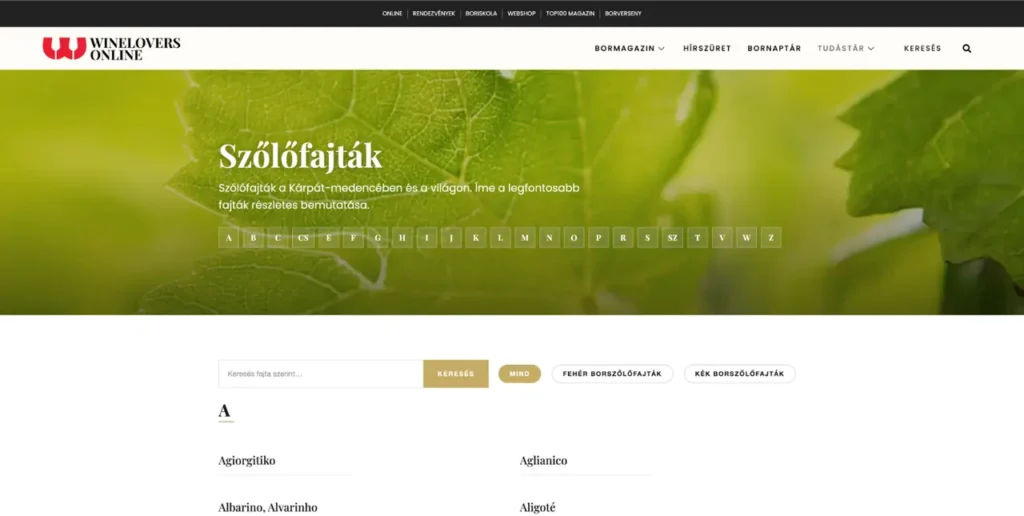 Szőlőfajta-oldal webshop-linkkel